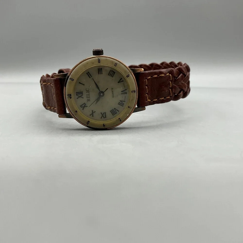 Relic Womens Watch 25mm Gray Dial Gold Tone Brown Braided Leather New Battery